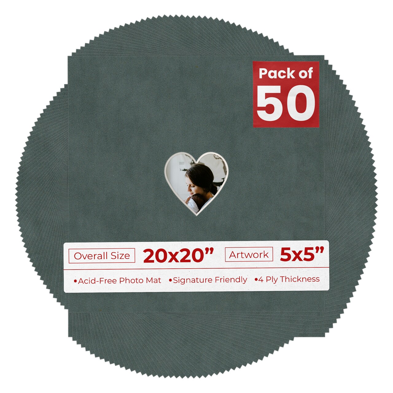 Dark Grey Suede Mat Board for 20x20 Frames - Heart Opening for 5x5 Photos